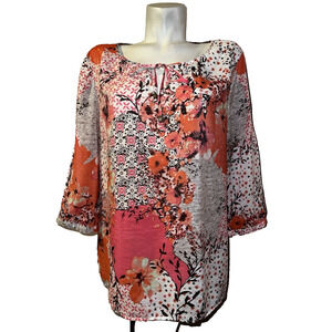 CHICO'S Top XL (3) Orange Pink Brown Floral Rayon Nylon Popover V-Neck Tunic